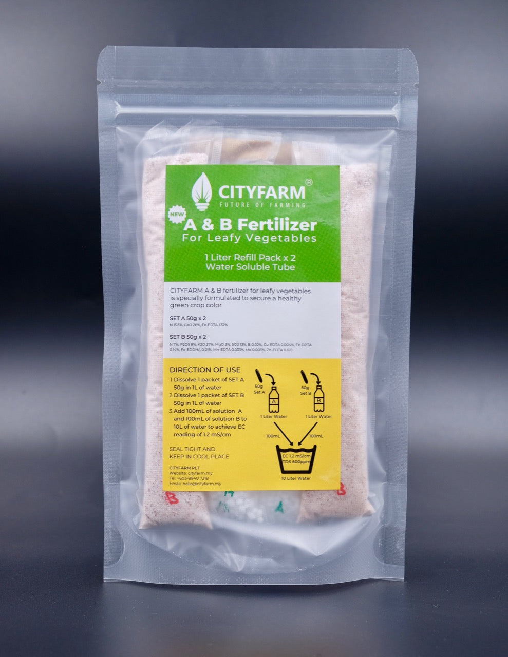 1 Liter Refill Pack Hydroponic A & B Fertilizer For Leafy Greens (Pack of 2 sets) - CityFarm